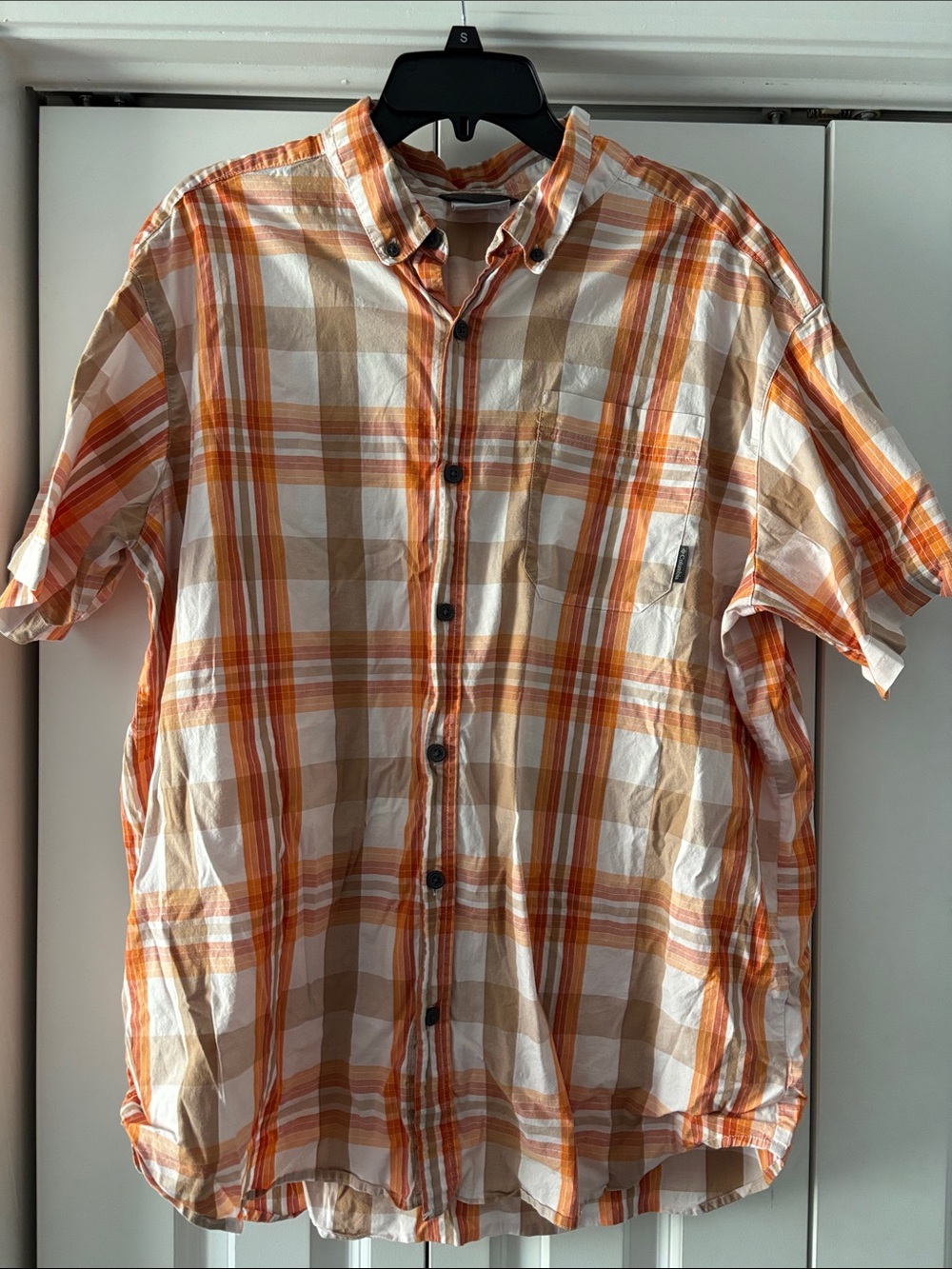 Columbia Orange and Tan Plaid Short-Sleeve Button-Down Shirt